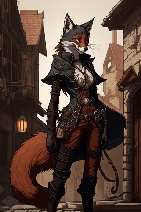 Fox Rogue Dnd, Dnd Fox Character, Vulpine Dnd, Fox Person Character Design, Fox Fursona Art, Fox Druid, Harengon Dnd Female, Humblewood Character Art, Kitsune Art Character Design