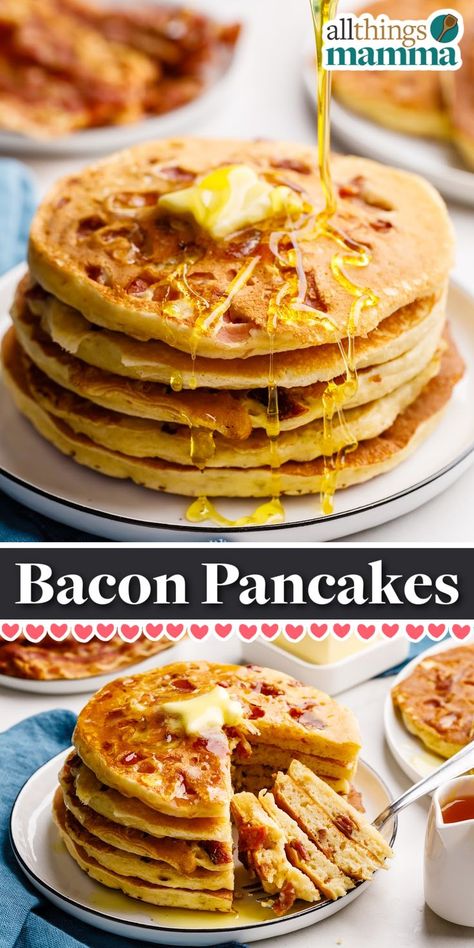 syrup pouring on a stack of five Bacon Pancakes served on a white round plate. Maple Bacon Pancakes, Fluffy Buttermilk Pancakes, Bacon Pancakes, Buttermilk Pancakes Fluffy, Breakfast Meat, Pancakes And Bacon, Easy Bacon, Flavored Bacon, Holiday Breakfast