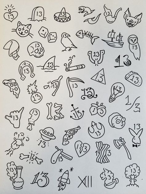 Small Flash Sheet Tattoos, Friday The 13 Flash Tattoo, Flash Sheet Tattoo Ideas Simple, Small Flash Art, Friday 13th Tattoo Flash Sheet, Matching Tattoos Flash Sheet, Flash Art Simple, Basic Flash Tattoo, Simple Traditional Tattoo Flash