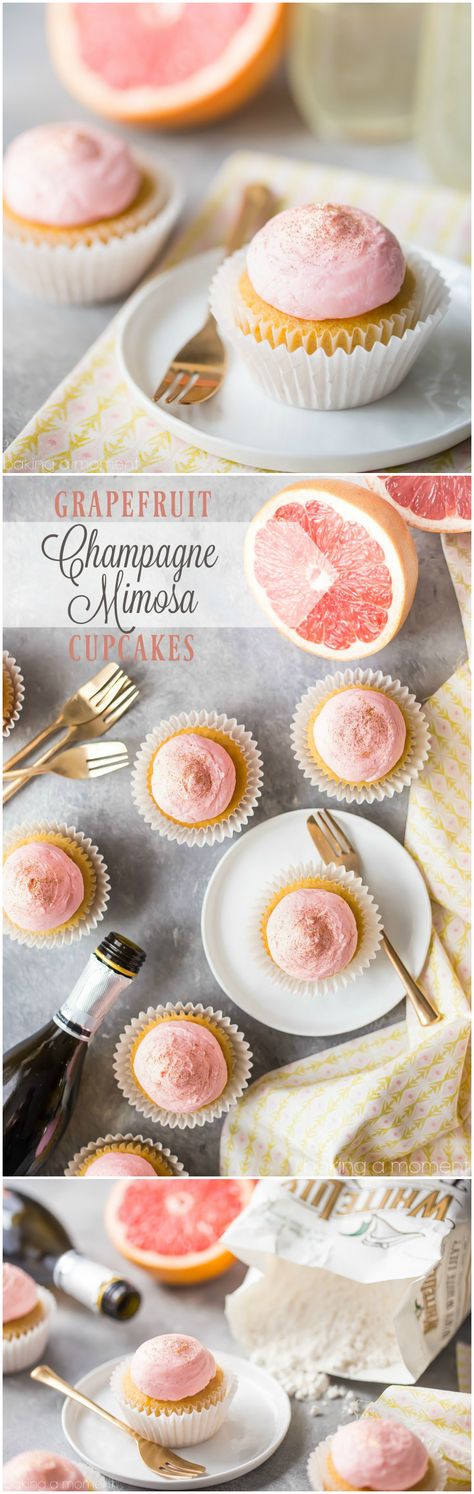 Grapefruit Champagne Mimosa Cupcakes: So light and fluffy, with a sweet, citrus-y zing and a gorgeous pink color! Perfect for New Years Eve or a girl's party. #BakeYourPassion #sponsored @whitelilyflour  food desserts cupcakes Citrus Cupcakes, Mimosa Cupcakes, Champagne Mimosa, Birthday Desserts, Sweet Citrus, Baking Cupcakes, Dessert Cupcakes, Fun Cupcakes, Food Cakes