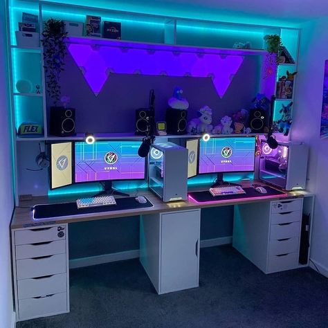 Gaming Set Up For Couples, Couple Game Setup, Couples Pc Gaming Room, Dual Gaming Setup, Couple Pc Gaming Setup, Couple Gamer Room, Couples Gaming Room, Couples Gaming, Couple Gaming Room Setup