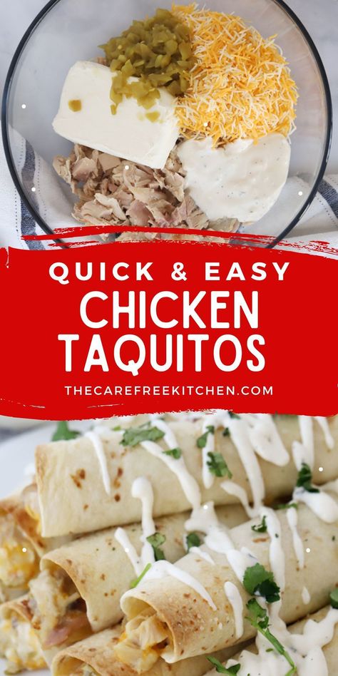 These Mexican-inspired Green Chili Chicken Taquitos are super creamy on the inside, baked to crunchy perfection, and have just the right amount of spicy kick. Chicken Green Chili Taquitos are great for snacking, as an appetizer, or served as part of a quick and easy weeknight dinner. Chicken Tacitos Baked, Green Chili Chicken Taquitos, Chicken Toqitoes, Homemade Taquitos Chicken, Rotisserie Chicken Taquitos, Easy Chicken Taquitos, Taquitos Chicken, Chicken Green Chili, Chicken Taquitos Recipe