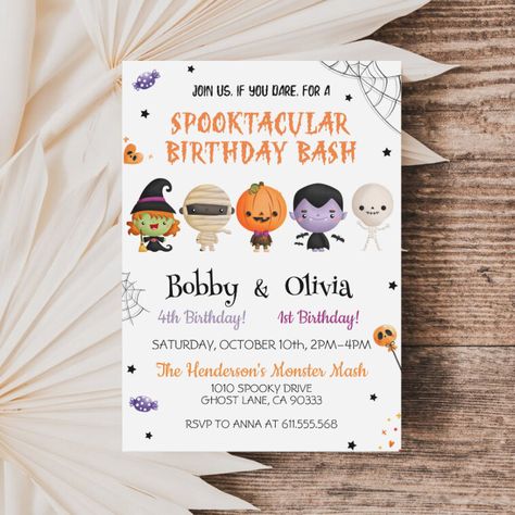 Birthday Party Halloween Theme, Ghost Birthday Party, Kids Halloween Birthday Party, Halloween Theme Birthday, Combined Birthday Parties, Halloween Themed Birthday Party, Twin Halloween, Halloween Birthday Party, Halloween Birthday Invitations