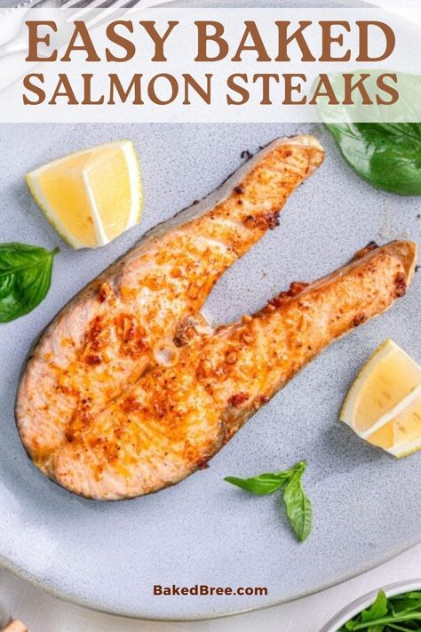 Learn how to make Baked Salmon Steaks with our easy recipe! Juicy, flavorful, and healthy, these salmon steaks are perfect for any meal. Salmon Steaks Baked, Baked Salmon Steaks Recipes Oven, Steaks In Oven, Baked Salmon Steak, Salmon Steak Recipes, Baked Bree Recipe, Bake Salmon, Salmon Steaks, Baked Steak