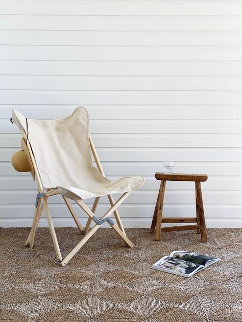 HOW TO STYLE | TRIPOLINA CHAIR THREE WAYS – Imprint House Tripolina Chair, Natalie Walton, Simple Side Tables, Foldable Chair, Neutral Cushions, Retro Caravan, Foldable Chairs, Rental Homes, Cotton Throw