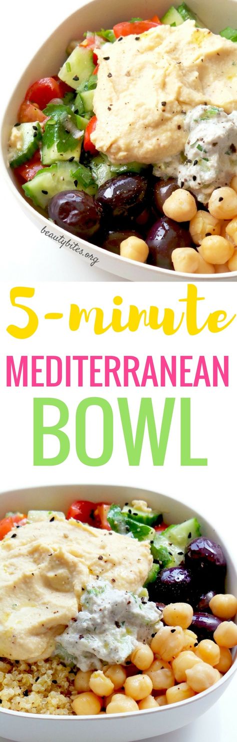 5-Minute Mediterranean Bowl - My Favorite Lunch Recipe! Try this healthy lunch recipe, it's also great to meal prep. You prepare everything and keep all parts in separate containers in the fridge (up to 3 days, except salad - but it takes only 2 minutes). Then arranging this beautiful & easy healthy bowl with quinoa & hummus takes around 5-minutes! It's vegan & gluten-free!Try it! www.beautybites.org/5-minute-mediterranean-bowl | healthy meal prep recipe | healthy salad recipe Lunch Mediterranean, Mediterranean Bowl, Mediterranean Recipe, Mediterranean Diet Recipes Dinners, Healthy Bowl, Healthy Bowls Recipes, Easy Mediterranean Diet Recipes, Clean Eating Recipes Lunch, Clean Eating Lunch