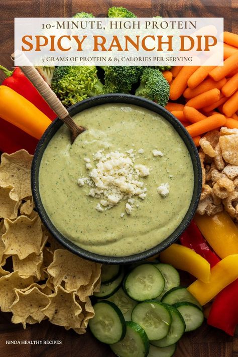 Need a high protein dip for your next party or game day? You'll love this high protein cottage cheese ranch dip with a spicy jalapeño twist. Every serving has 7 grams of protein with just 80 calories. It's perfect with baked tortilla chips or pork rinds, veggies, or on your favorite Mexican dishes. Spicy Cottage Cheese Dip, High Protein Vegetable Dip, High Protein Spinach Artichoke Dip, High Protein Dip Recipes, Protein Dips, Cottage Cheese Ranch Dip, Cheese Ranch Dip, High Protein Dip, Cottage Cheese Ranch