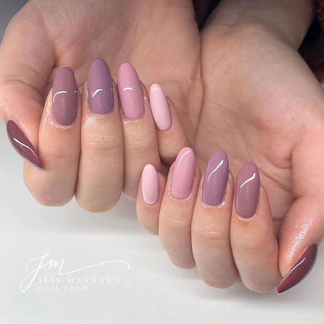 #Repost @jessmaynard_nails ・・・ Petal, Ophelia, Mulberry, Deepest Mauve and Cacao🙌🏼 @the_gelbottle_inc @tgbacademy . #tgbbrandambassador… Multicoloured Nails, Ongles Beiges, Nail Shades, Mauve Nails, Nude Nail Designs, Oval Nails, Dip Powder Nails, Neutral Nails, Chic Nails