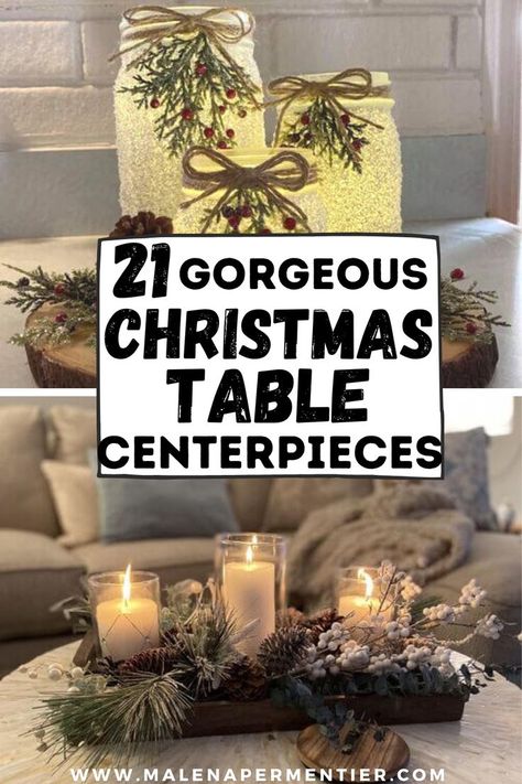 christmas table centerpieces - examples of different christmas centerpiece ideas for dining table and coffee table that are elegant and easy to diy Winter Centre Piece Ideas, Christmas Table Centres Centerpieces, How To Make A Christmas Centerpiece Table Decorations, Cheap Diy Christmas Table Decor, Christmas Ornament Table Decor, Lighted Christmas Centerpieces, Winter Wedding Table Centerpieces Diy, Christmas Centerpieces For Work Party, Christmas Crafts Table Centerpieces