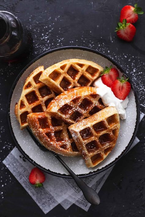 Belgian Waffles Recipe, Fluffy Waffles, Belgian Waffles, Homemade Whipped Cream, Flavored Syrup, Waffle Iron, Waffle Recipes, Waffle Maker, Serving Size