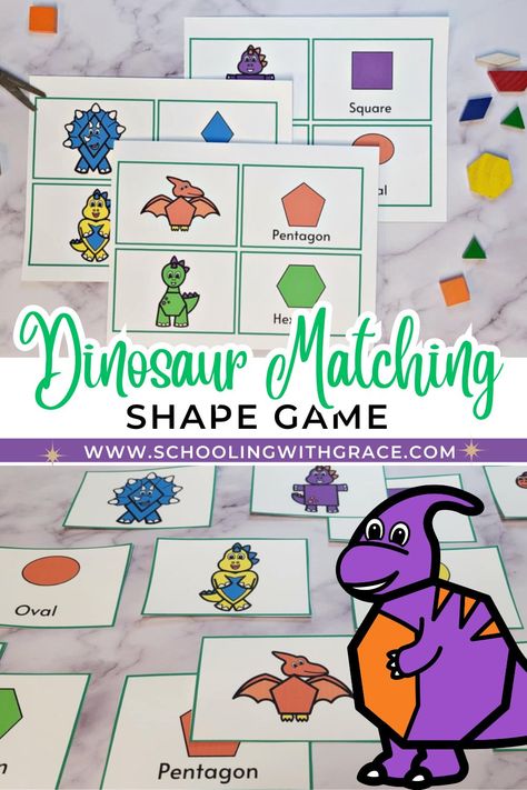 If you are looking for a fun and engaging way to help your little ones learn shapes and develop important cognitive skills this Dinosaur Shape Matching Game is the perfect way to do it. This colorful and interactive game is designed specifically for preschoolers, combining their love of dinosaurs with shape recognition and matching activities. Dinosaur Letter Activities, Dinosaur Crafts Preschool, Dinosaur Activities Preschool, Shape Matching Game, Shape Activities Preschool, Learn Shapes, Letter Worksheets For Preschool, Dinosaurs Preschool, Matching Activities