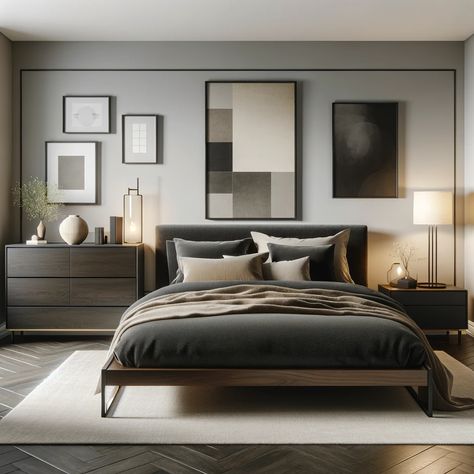 Bedrooms With Dark Furniture, Black Boho Bedroom, Dark Modern Bedroom, Contemporary Modern Bedroom, Dark Bedroom Furniture, Modern Bedroom Ideas, Taupe Walls, Dark Modern, Moody Bedroom