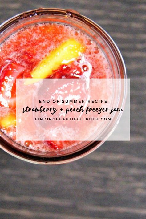 my favorite end of summer recipe | strawberry + peach freezer jam recipe via Finding Beautiful Truth Strawberry Peach Freezer Jam, Peach Freezer Jam Recipe, Freezer Jams, Peach Freezer Jam, Strawberry Freezer Jam, Freezer Jam Recipes, Recipe Strawberry, Freezer Jam, Peach Jam