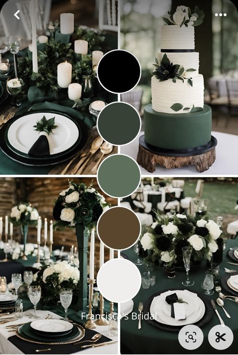 Green And Rustic Wedding Theme, Wedding Forest Green Color Schemes, Midnight Green Wedding Theme, Dark Green Silver Wedding, Black And Dark Green Wedding Cake, Dark Green Wedding Reception, Hunter Green Wedding Color Palette, Green Nature Wedding Theme, Wedding Theme Colors 2024