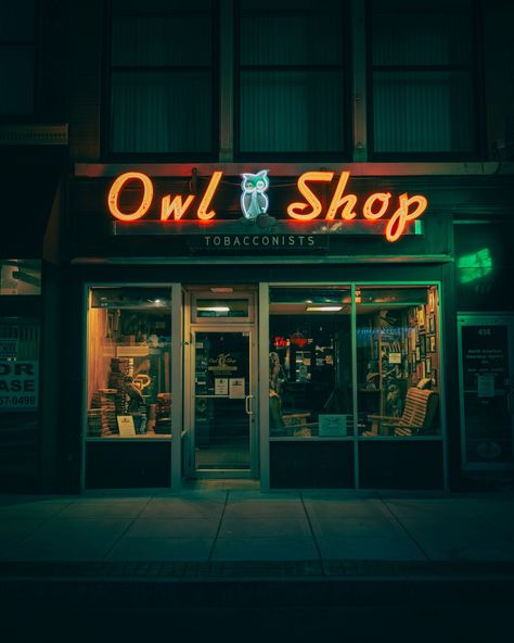 The Owl Shop neon sign at night, Worcester, Massachusetts Worcester Massachusetts, Rail Transport, Insurance Agency, Hotel Motel, White Car, Posters Framed, City Car, Side Jobs, Cheat Sheet