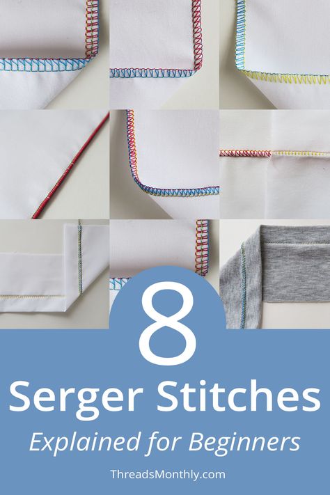 Learn the different types of serger stitches your machine can do. And how to use each stitch for the right project and material (knits and wovens). There are some great tips in here to improve your sewing. This guide is beginner-friendly! So there's no confusing jargon. PS. an overlocker and serger are 2 different names for the same machine. #serger #overlocker #stitches Overlocker Projects, Serger Sewing Projects, Serger Tutorial, Sewing Beginners, Serger Machine, Serger Projects, Serger Stitches, Serger Tips, Overlock Machine