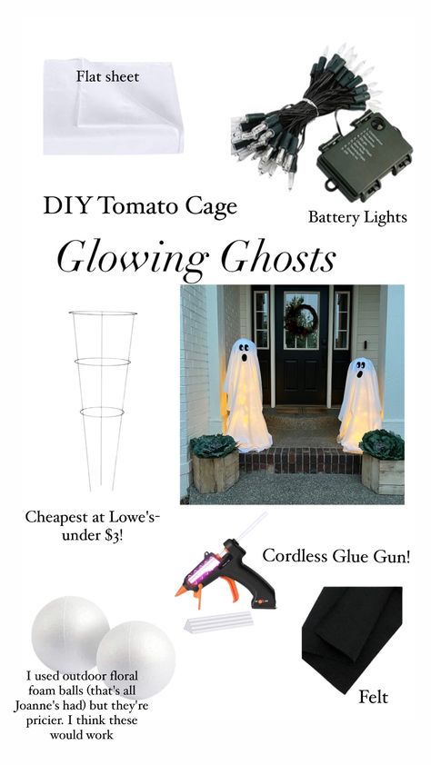 Sheet Ghost Tomato Cage, Tomato Cage Diy Crafts, Tomato Plant Stand Ghost, Diy Lit Ghost Tomato Cage, Ghost Planter Diy, All White Halloween Decor, Glowing Ghosts Diy, Tomato Cage Halloween Ideas, Halloween Ghost Theme Decor