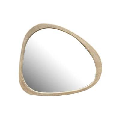 Wooden Mirror 45 in. Asymmetrical Wall Mirror Wooden Framed Mirror Dressing Mirror. The simple appearance makes the mirror versatile and adaptable. The design of asymmetric shape gives the mirror a mid-century and stylish feel, which is able to match a variety of decoration styles and home styles. Whether placed in the bedroom, living room or bathroom, this mirror blends in perfectly, adding a simple and sophisticated aesthetic to the space.