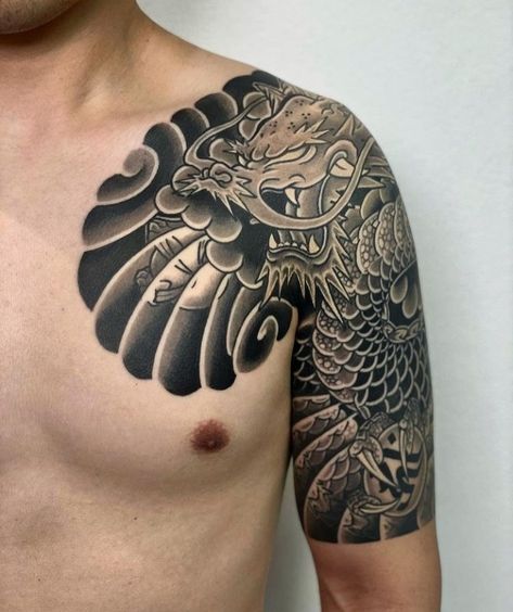 Chest To Bicep Tattoo Men, Dragon Tattoo Half Sleeve, Japanese Chest Tattoo, Dragon Half Sleeve, Tattoo Coverup Ideas, Tattoo Sleeve Cover Up, Half Sleeve Men, Half Sleeve Tattoos For Men, Top Of Shoulder Tattoo