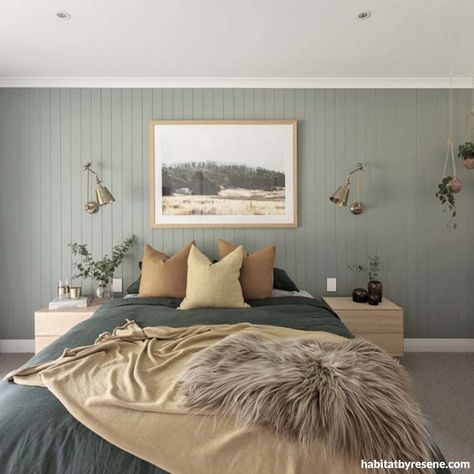 Feature Wall Bedroom, Sage Green Bedroom, Calming Bedroom, Classy Bedroom, Feature Walls, Bedroom Renovation, Bedroom Color, Bedroom Panel, Bedroom Green