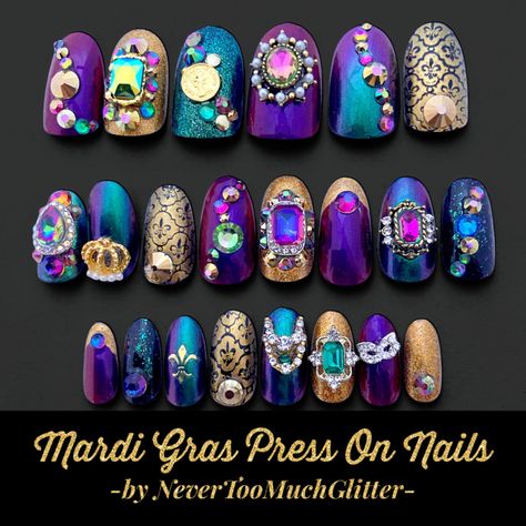 Going to New Orleans, or just wishing you were? These handnade Mardi Gras press on nails are for you! Available in many sizes and styles from NeverTooMuchGlitter. Mardi Gras 2023, Mardi Gras Nails, 2023 Nails, Pointed Nails, Party Nails, Forest Hills, Artificial Nails, Glue On Nails, Fake Nails