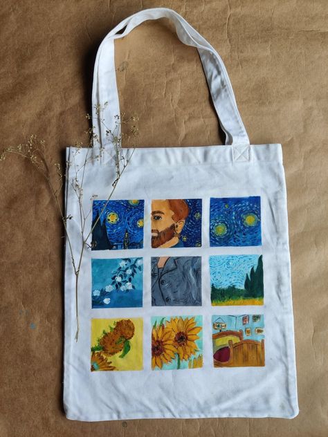 Painted tote bag Tot Bag Aesthetic, Tote Bag Painting Ideas Aesthetic, Totebag Painting Ideas, Van Gogh Tote Bag, Big Tote Bags, Drawing Bag, Painted Tote, Painted Bags, Cute Canvas Paintings