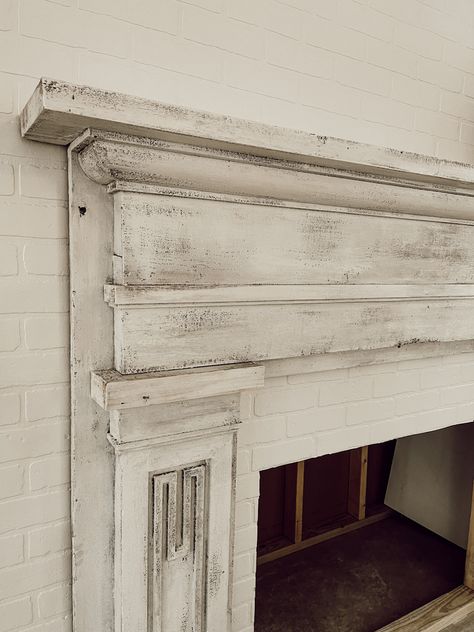 Antique Mantel Fireplace, Distressed Mantle Fireplace Mantels, Distressed Fireplace Mantel, Mantel Color Ideas, Diy Antique Mantle, Repaint Fireplace, Painted Antique Fireplace Mantel, Antique Fireplace Mantels Shiplap, Painting Fireplace Mantel