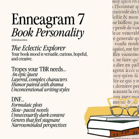 enneagram 7s in my real life are very interested in classics, nonfiction, and fiction - so these results were super interesting to me! Continuing my new bookish series where I share some data about your most voted favorite genres, tropes, etc. based on your enneagram type! Enneagram 7s definitely have a unique taste in books, more than people realize i think! 🙊 My favorite part about the enneagram 7 data was how some of y’all were reading freaking russian lit?! 5s are up next! #Enneagra... Enneagram 7, Enneagram 7w8, Enneagram Type 9 Growth, Enneagram Eight, Type 7 Enneagram, Enneagram 3 Unhealthy, Enneagram Test Eclecticenergies, Enneagram Types, My Favorite Part