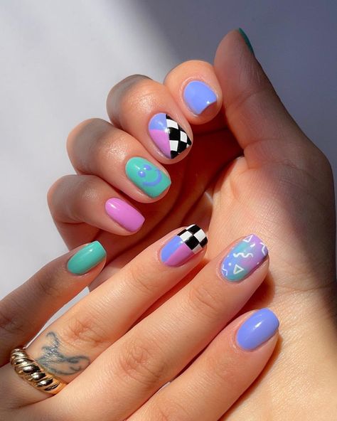 Lights Lacquer on Instagram: “Oh Snap! 🫰AVAILABLE NOW Recreate this super fly mani with our newest nostalgic trio 💜 💅 Oh Snap! Trio: Chill Pill, Eat My Shorts, Dear…” 90s Cup Nails, Nineties Nails, 90s Theme Nail Designs, 90s Themed Nails, 80s Nails 1980s, 80’s Nails, 80s Inspired Nails, 90s Theme Nails, Mother’s Day Nails