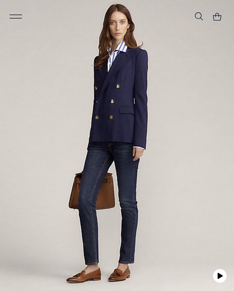 Fall Ralph Lauren Outfits, Ralph Lauren Blazer Outfit Women, Ralph Lauren Jacket Women, Ralph Lauren Outfits Women Casual, Blue Jacket Outfits, Navy Blazer Outfit Women, Navy Blazer Outfits, Moda Casual Chic, Ralph Lauren Looks