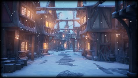 Winter City Concept Art, Winter Village Art, Snowy Environment, Fable 3, Winter Town, Fantasy Village, Bard College, Perspective Drawing Architecture, Episode Backgrounds