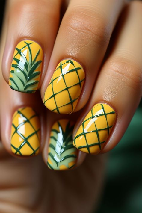 Pineapple Nail Design, Pineapple Nail Art, Cute Summer Nail Ideas, Exotic Nail Designs, Cute Nail Ideas, Tropical Nail Designs, Pineapple Nails, Tropical Vacation Nails, Nail Polish Colors Summer