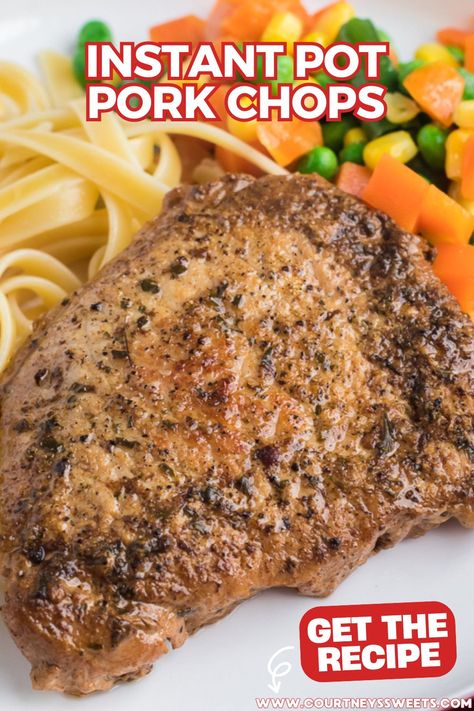 cooked pork chop on a plate with noodles and mixed veggies. Instant Pot Pork Chops Recipes, Pork In The Instant Pot, Pork Chops Pressure Cooker Recipes, Pork Chops In Instant Pot Boneless, Pork Chops In Instapot, Pork Chunks Recipes Easy Instant Pot, Instant Pot Pork Loin Chops, Pork Chops In The Instant Pot, Instant Pot Bone In Pork Chops