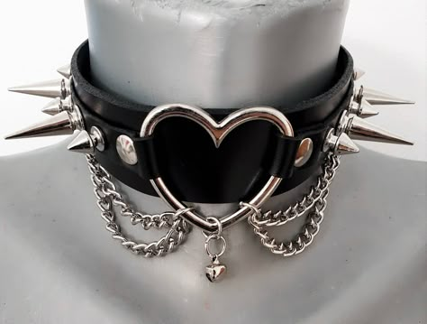 Leather Choker Collars, Black Leather Choker, Gothic Choker, Goth Choker, Metal Choker, Fashion Inspiration Board, Heart Choker, Emo Outfits, Goth Aesthetic