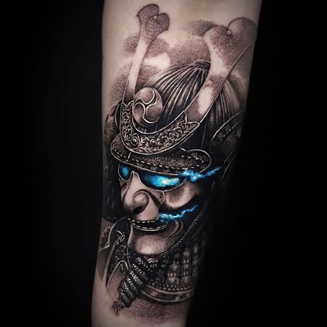 Japanese Samurai Tattoo Pop Of Color Samurai Mask Tattoo, Japanese Warrior Tattoo, Samurai Tattoo Sleeve, Samurai Warrior Tattoo, Samurai Tattoo Design, Warrior Tattoos, Mask Tattoo, Warrior Tattoo, Samurai Tattoo