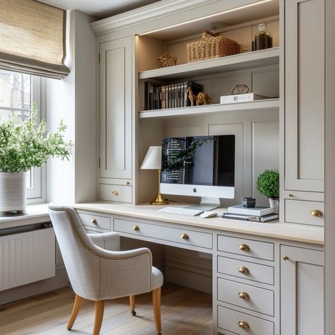 Cabinets In Home Office, Built In Desk With Cabinets, Study Cabinet Design, Build In Desk, Built In Office Desk And Cabinets, Desk Interior Design, Desk Interior, Pantry Door Ideas, Transitional Home Office