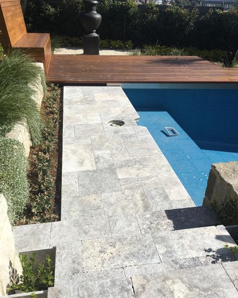 Surface Studio on Instagram: “Nearly done! Classic silver grey travertine. #ihavethisthingwithtiles #interior_design #tilelove #sydneystyle” Silver Travertine Pool Deck, Travertine Pool Tile, Bathroom Beach House, Travertine Pool Decking, Grey Travertine, Travertine Patio, Travertine Bathroom, Island Pool, Silver Travertine