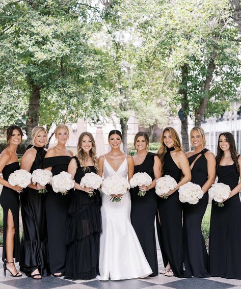 Black Bridesmaid Dresses Fall, Black Bridesmaid Dress Mismatched, Glam Bridesmaid Dresses, Black Tie Wedding Theme, Black And White Wedding Theme, Black Bridesmaid, Bridesmaid Inspiration, Bridesmaids Bouquets, Mismatched Bridesmaid Dresses