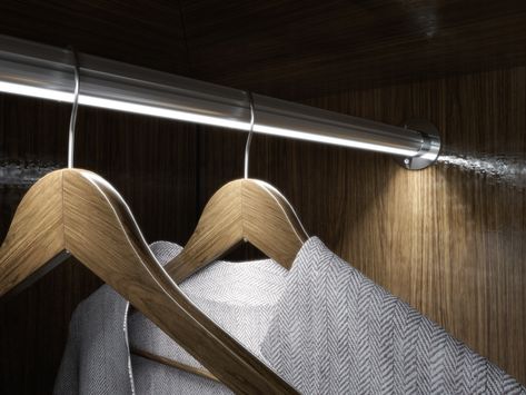 Lighted closet rod | walk in closet lighting ideas - profile "COSMO" | LUMINES Closet Hanging Rod, Clothes Cupboard, Free Standing Wardrobe, Wardrobe Rail, Led Aluminum Profile, Cupboard Lights, Closet Bar, Drawer Lights, Closet Hangers