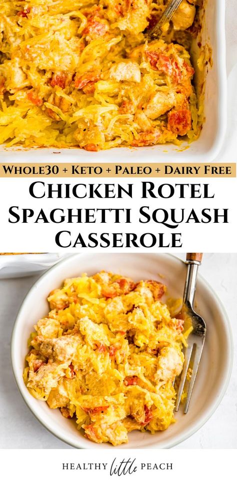 Cheese Chicken Spaghetti, Chicken Spaghetti Squash Casserole, Spaghetti Squash Recipes Chicken, Rotel Chicken, Rotel Chicken Spaghetti, Healthy Squash Recipes, Spaghetti Squash Recipes Healthy, Spaghetti Squash Casserole, Dairy Free Cream Cheese