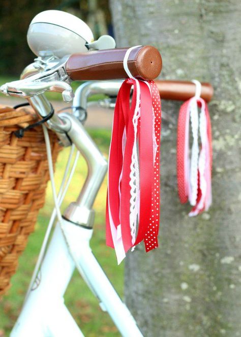 red ribbon bicycle streamers Bike Accessories Diy, Bicycle Party, Bicycle Crafts, Bike Parade, Bike Decorations, Biking Diy, Bicycle Decor, Bicycle Maintenance, Mason Jar Crafts Diy