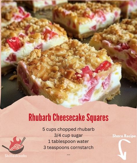 Rhubarb Cheesecake Squares, Rhubarb Cheesecake Bars, Rhubarb Cheesecake, Apple Rhubarb, Cheescake Recipe, Apple Crisps, Good Desserts, Cheesecake Squares, Cut Recipe