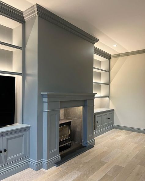 Joinery Either Side Of Fireplace, Chimney Breast Shelf, Full Wall Panelling, Panelled Walls Lounge, Open Fireplace Ideas Rustic, Real Fireplace Tv Wall, Panelled Lounge Ideas, Lounge Chimney Breast Ideas, Wall Paneling Around Fireplace