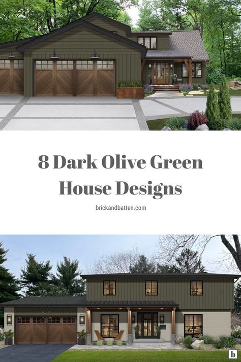 Green Ranch House Exterior, Olive Green House, Dark Green Exterior House Colors, Dark Green House Exterior, Green Siding House, Green Home Exterior, Green House Paint, Green House Color, Green Exterior Paints