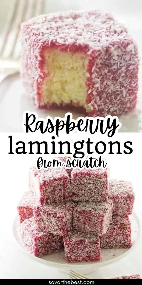 A stack of raspberry lamingtons. Strawberry Lamingtons Recipe, Pink Lamingtons, Raspberry Lamingtons, Taste Of Home Raspberry Cake, Copycat Publix Raspberry Elegance Cake, Great British Bake Off Chocolate Raspberry Cake, Ultimate Brownie Recipe, Lamingtons Recipe, Ultimate Brownies