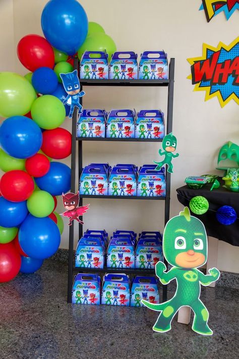 PJ Maks Gable Boxes from a PJ Masks Birthday Party on Kara's Party Ideas | KarasPartyIdeas,com (22) Pjmasks Birthday Party Ideas Boy, Pj Masks Goodie Bags, Pj Masks Birthday Centerpieces, Pj Masks Birthday Shirt Boys, Fourth Birthday Boy Theme Pj Mask, Pj Masks Birthday Cake, Pj Masks Birthday Party Boys, Pj Mask Party, Pj Masks Birthday Party