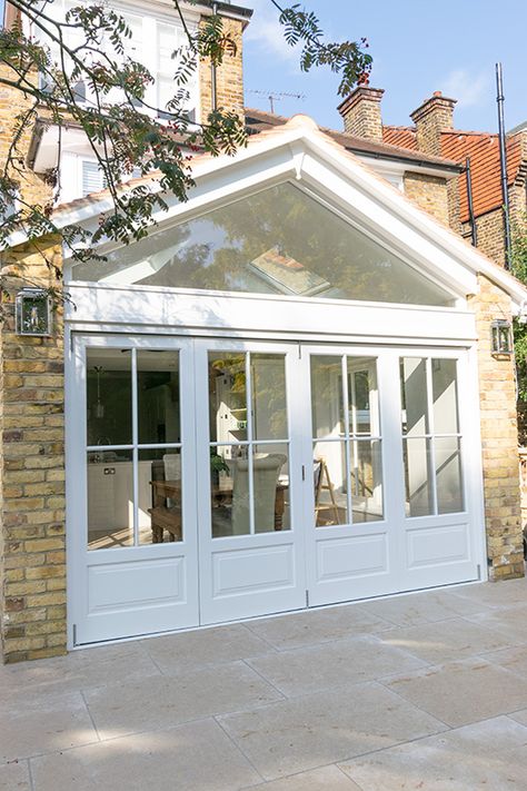 Wood Bifold Doors, White Bifold Doors, External Bifold Doors, Wooden Bifold Doors, Pintu Interior, Orangery Extension, Gable Window, Home Extensions, Home Extension