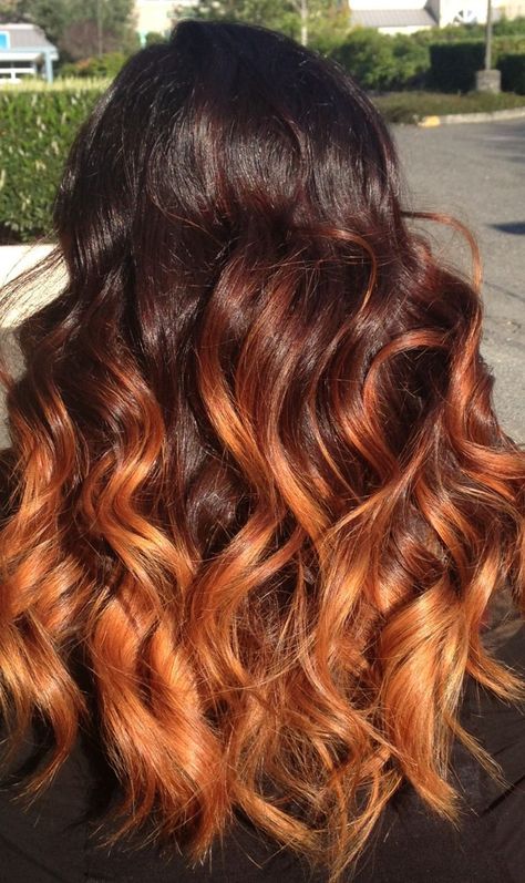 brown hair fade to orange.... beautiful! Want to do this with my hair Dark Brown To Orange Ombre, Brown To Orange Ombre Hair, Brown To Orange Ombre, Brown And Orange Hair, Orange And Brown Hair, Brown Hair Fade, Orange Ombre Hair, Caramel Ombre Hair, Dark Ombre Hair