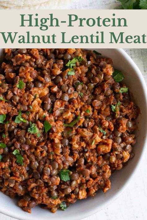 Easy Vegan Lentil Taco Meat, ready in 15 minutes, and made with 7 budget ingredients. This vegan recipe is packed with protein, fiber, and heart healthy omega-3s. It's a lighter version of walnut meat that includes lentils for more fiber, protein, and a reduction in calories. Lentil Taco Meat, Walnut Taco Meat, Ella Vegan, Vegan Lentil Recipes, Walnut Meat, Taco Meat Recipe, Lentil Tacos, Taco Meat Recipes, Vegan Lentil