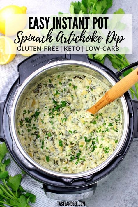 Instant Pot Spinach Artichoke Dip, Instant Pot Spinach, Artichoke Dip Easy, Spinach Artichoke Dip Easy, Spinach Artichoke Dip Recipe, Cheesy Appetizer, Spinach Dip Recipe, Artichoke Dip Recipe, Appetizer Ideas